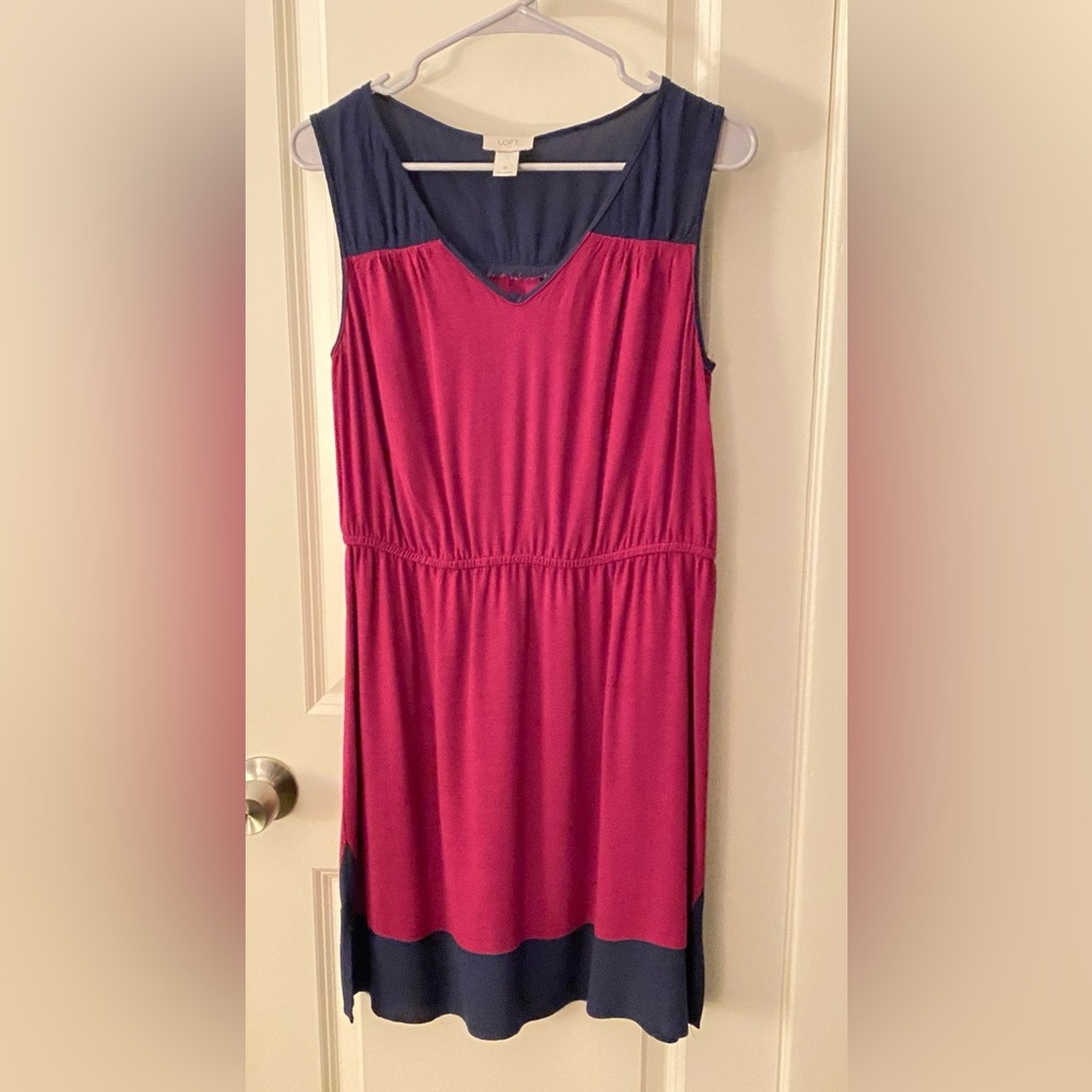 LOFT navy and fuchsia color block midi dress, size M.